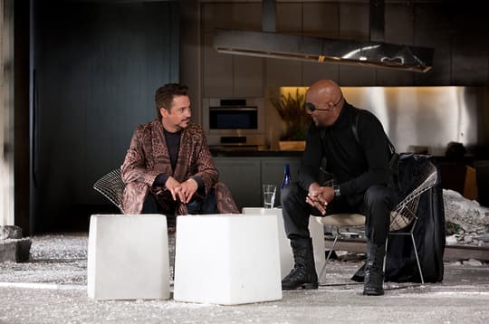 Tony Stark talking with Nick Fury
