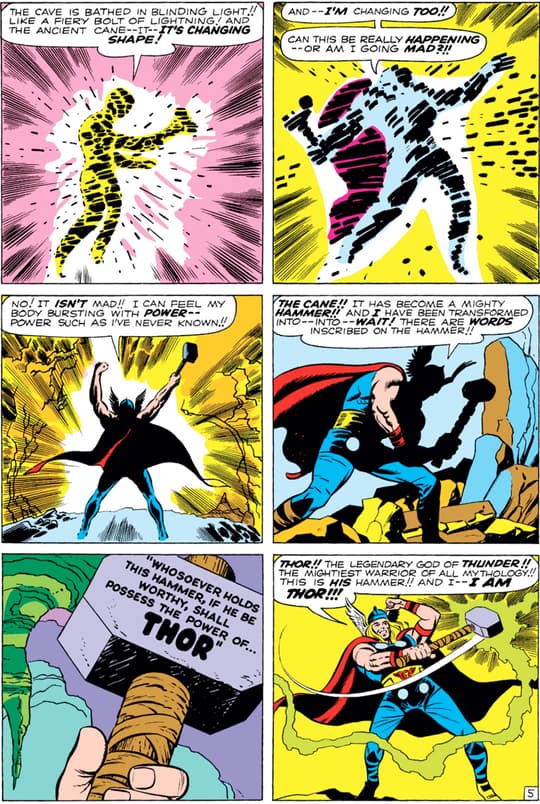 Comic Panel Depicting Donald Blake becoming Thor