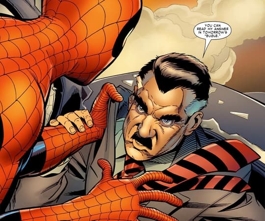 Spider-Man holding Jameson by his collar 