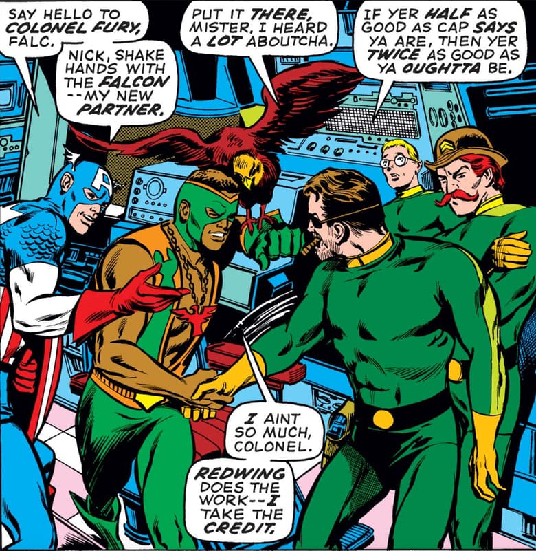 Cap introduces Falcon to Nick Fury at S.H.I.E.L.D. headquarters.