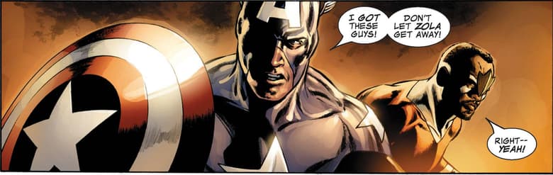 Falcon fights alongside Bucky Barnes as Captain America.