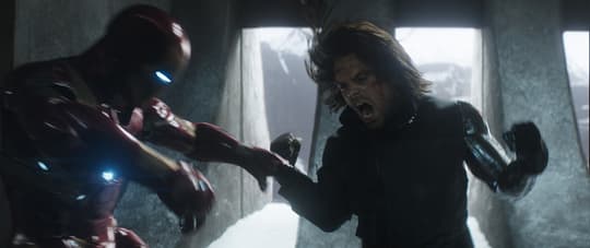 Winter Soldier (Bucky Barnes) fighting Iron Man (Tony Stark)