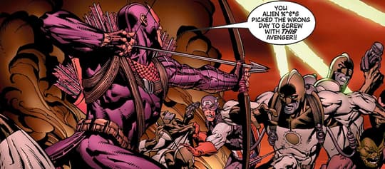 Hawkeye faces the Kree before sacrificing himself.