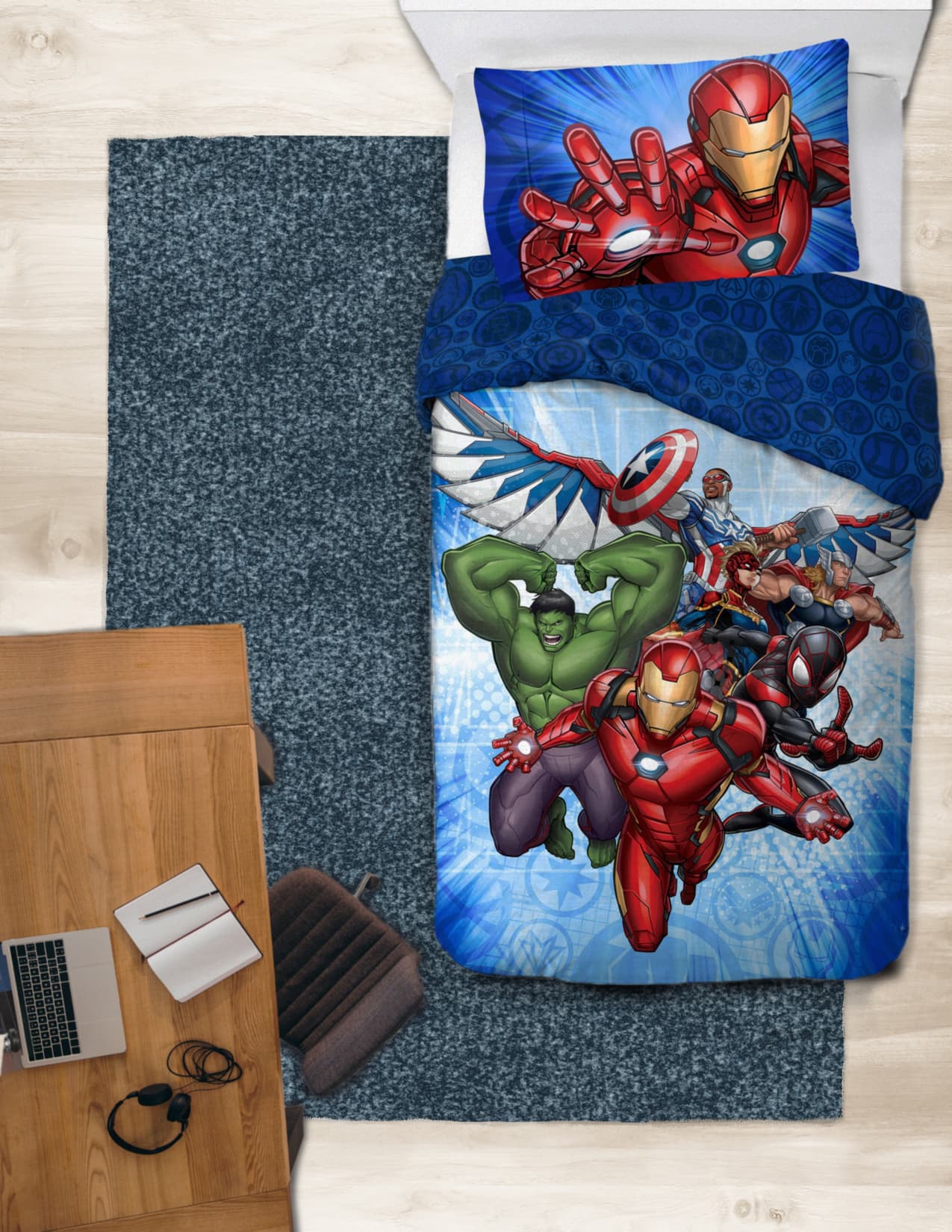 Shop it <a href=https://www.walmart.com/ip/Avengers-2-Piece-Twin-Full-Reversible-Comforter-and-Pillowcase-Bedding-Set-Microfiber-Blue-Marvel/3754669535>here</a>