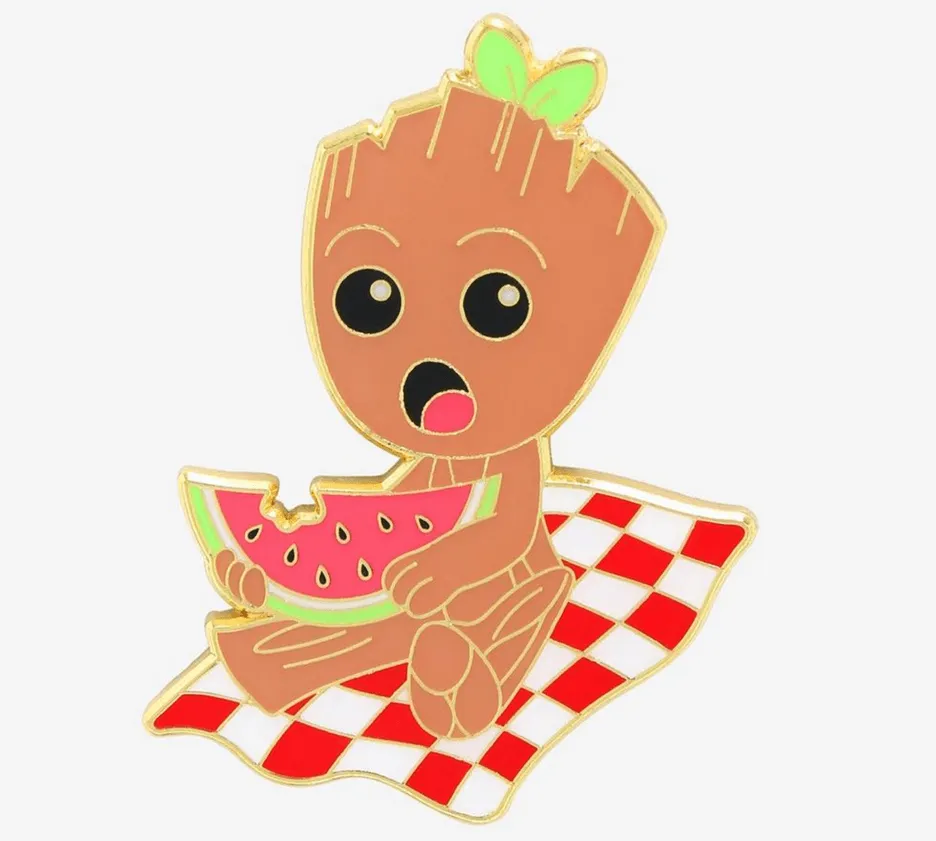 Groot Fruit pin / shop it <a href=https://www.boxlunch.com/product/marvel-guardians-of-the-galaxy-little-groot-fruit-enamel-pin---boxlunch-exclusive/17125829.html>here</a>