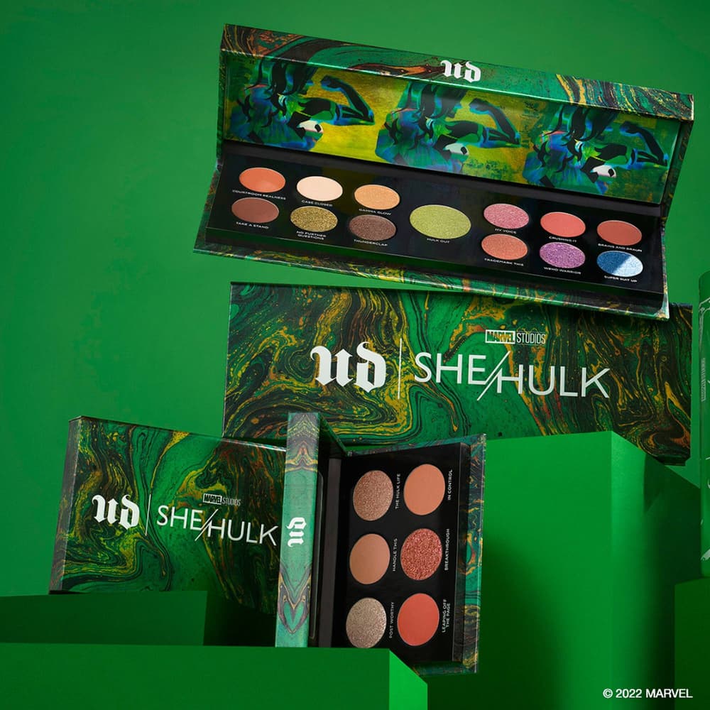Urban Decay She-Hulk Collection / shop it <a href=https://www.urbandecay.com/she-hulk-limited-edition-makeup.html?gclid=Cj0KCQjwjbyYBhCdARIsAArC6LJxV11Urn2eAPcRQJj1jx5Lbsfoekc8zmkleKw6iaK2cv6SnNZMUggaAmKCEALw_wcB&gclsrc=aw.ds>here</a>