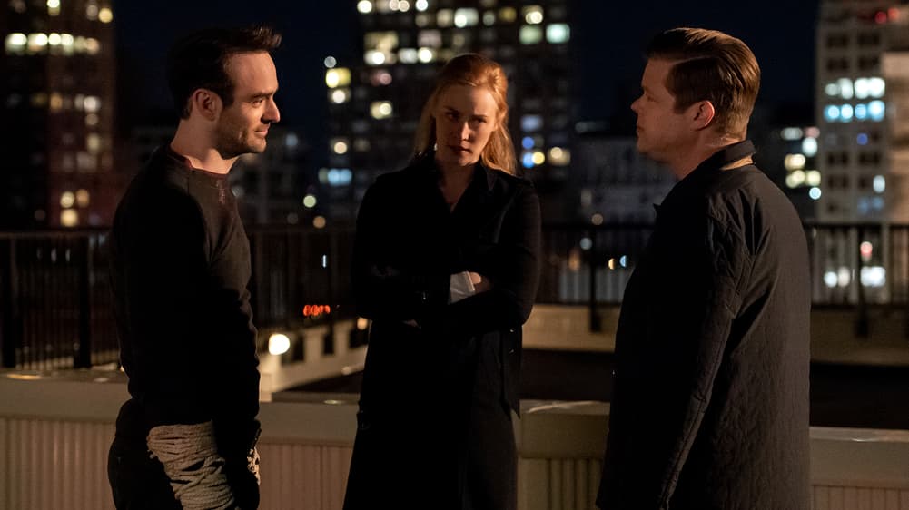 Charlie Cox as Matt Murdock, Deborah Ann Woll as Karen Page, and Elden Henson as Foggy Nelson in "Marvel's Daredevil" Season 3