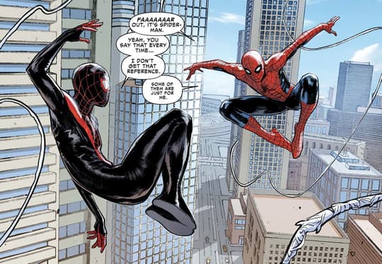 Miles and Peter web slinging together