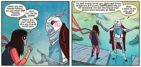 Ms. Marvel (Kamala Khan) and Bird clone of Thomas Edison