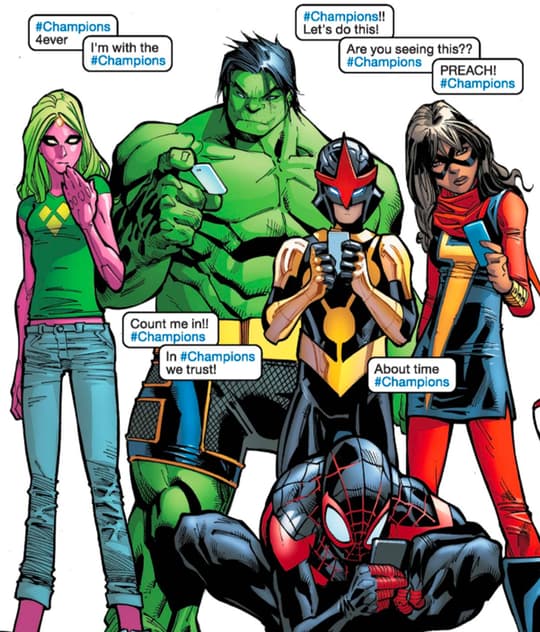 Alongside the Amadues Cho AKA the Totally Awesome Hulk, an incarnation of the X-Man Cyclops, and Vision’s daring daughter Viv, the trio composes the Champions.