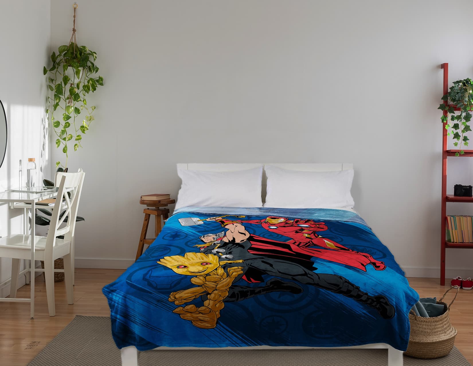 Shop it <a href=https://www.walmart.com/ip/Avengers-Kids-Twin-Blanket-62-x-90-Microfiber-Blue-and-Red-Marvel/1407907047>here</a>