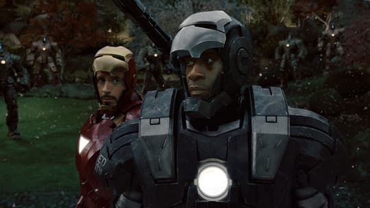 War Machine (James Rhodes) and Iron Man (Tony Stark)