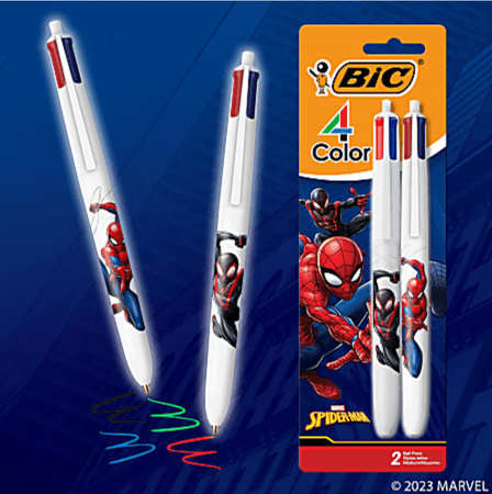 BIC 4-Color Marvel's Spider-Man Retractable Ballpoint Pens, Miles Morales Edition, Medium Point, 1.0 mm, White Barrel, Assorted Ink Colors, Pack Of 2 Pens