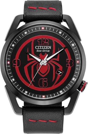 Citizen Men's Eco-Drive Marvel Miles Morales Black Ion Plated Stainless Steel Case with Black Leather Strap Watch, Black Dial, 42mm (Model: AW1685-00W)