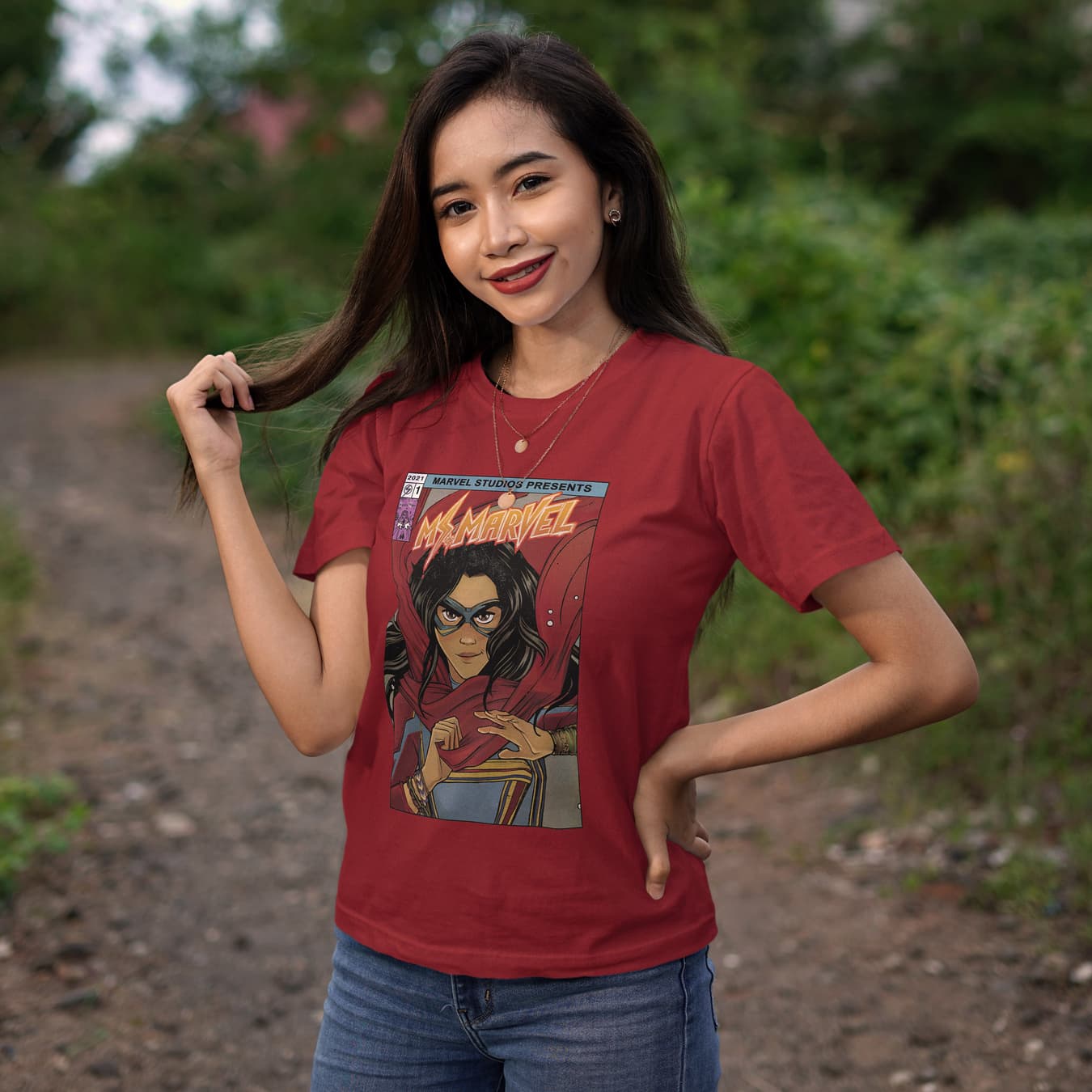 Ms. Marvel comics cover t-shirt / shop it <a href=https://www.amazon.com/Marvel-Kamala-Comic-Cover-T-Shirt/dp/B09YT568T3>here</a>