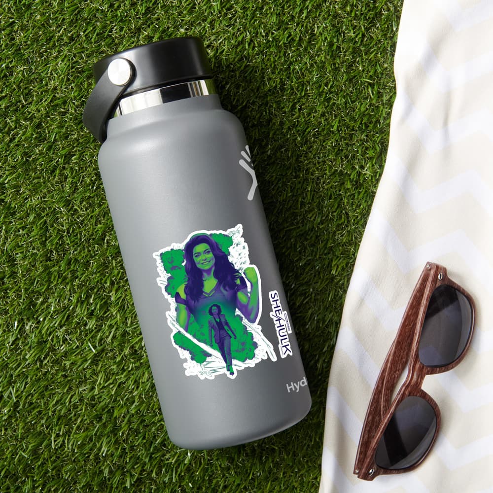 She-Hulk sticker / shop it <a href=https://www.zazzle.com/jennifer_walters_she_hulk_explosive_graphic_sticker-256061862510394447>here</a>