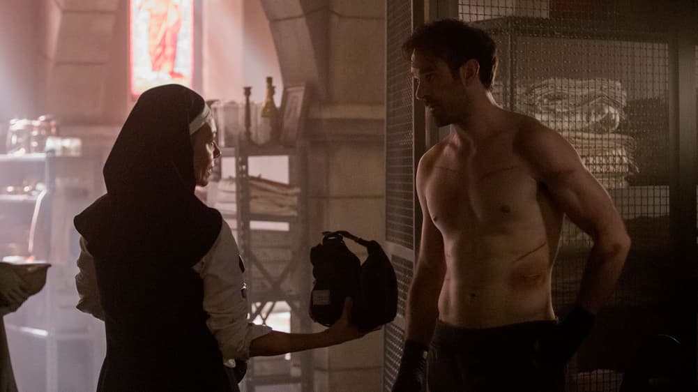 Joanne Whalley as Sister Maggie and Charlie Cox as Matt Murdock in "Marvel's Daredevil" Season 3