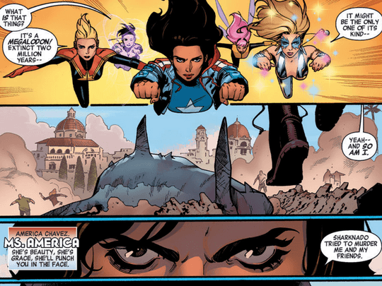 America fights with A-Force to defend Arcadia