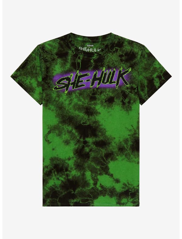 She-Hulk Logo t-shirt / shop it <a href=https://www.hottopic.com/product/marvel-she-hulk-attorney-at-law-logo-tie-dye-boyfriend-fit-girls-t-shirt/18862713.html>here</a>