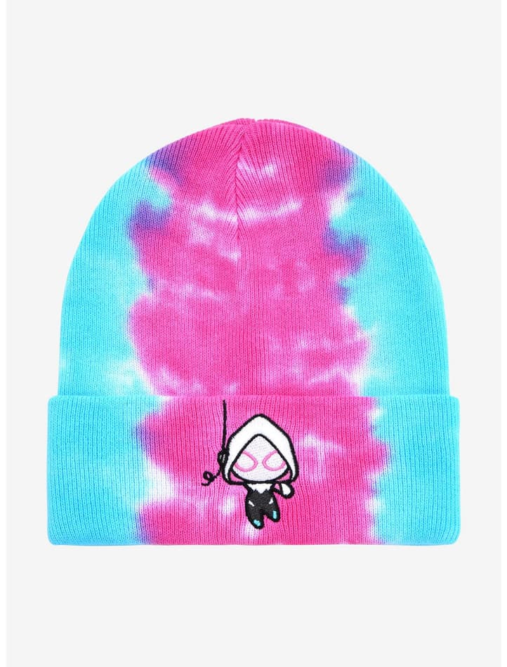 Ghost-Spider beanie/ shop it <a href=   https://www.boxlunch.com/product/marvel-spider-man-spider-gwen-tie-dye-cuff-beanie---boxlunch-exclusive/18806399.html>here</a>