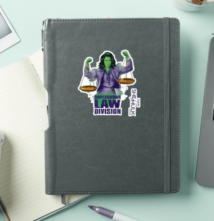 She-Hulk sticker / shop it <a href=    https://www.zazzle.com/she_hulk_scales_of_justice_superhuman_law_division_sticker-256721287332719244>here</a>