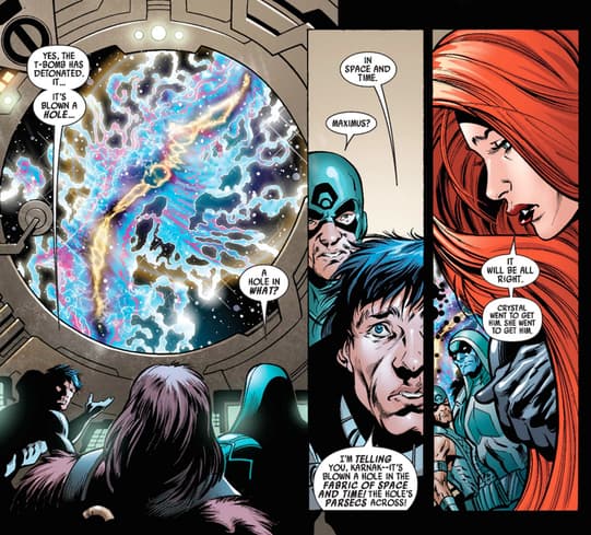 The Inhumans witness a bomb that blows a hole in Space and Time