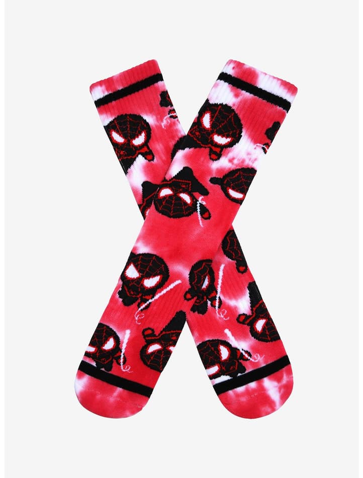 Miles Morales socks / shop it <a href=    https://www.boxlunch.com/product/marvel-spider-man-miles-morales-chibi-allover-print-tie-dye-crew-socks---boxlunch-exclusive/18859015.html>here</a>