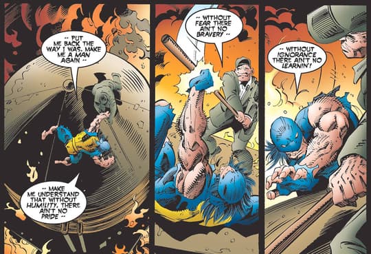 Stick beats some sense into Wolverine.
