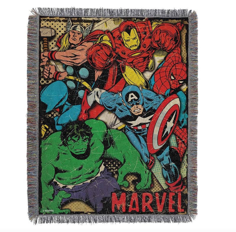 Shop it <a href=https://www.amazon.com/Marvels-Avengers-Metallic-Tapestry-Blanket/dp/B00JK16VE4>here</a>
