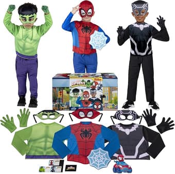 MARVEL Spidey Friends Child Costume Dress-Up Box - Tops, Gloves, and Plastic Masks of Spidey, Hulk and Black Panther (3-4T)