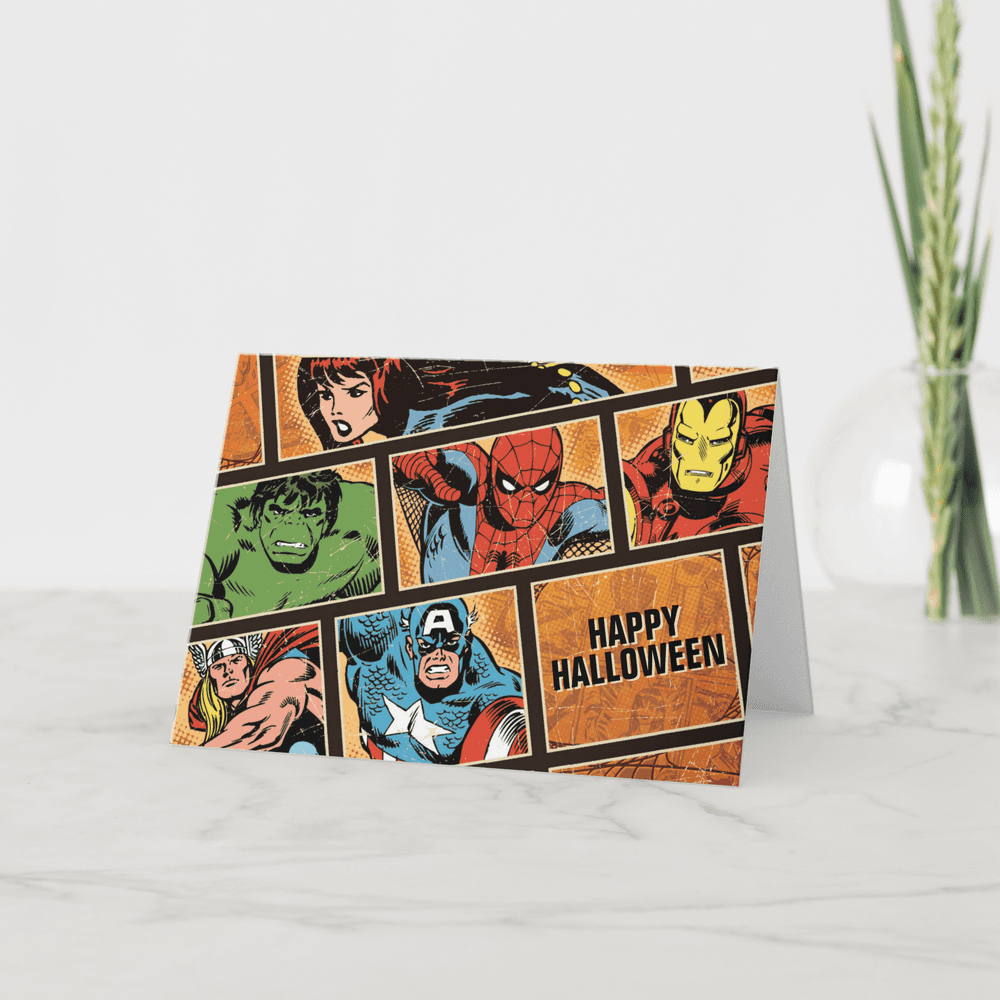 Hero Halloween card / shop it <a href=https://www.zazzle.com/marvel_hero_halloween_comic_panels_card-256513399599964242>here</a>