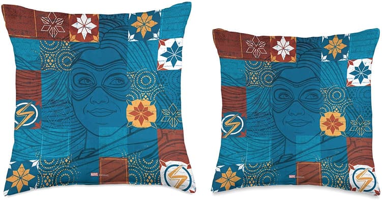 Ms. Marvel patchwork pillow / shop it <a href=https://www.amazon.com/Marvel-Kamala-Patchwork-Pillow-Multicolor/dp/B09YVXTWDG>here</a>