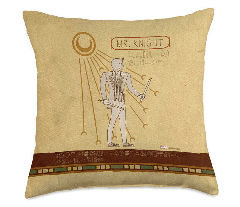 Mr. Knight Egyptian Hieroglyphs Throw Pillow / shop it <a href=https://www.amazon.com/Marvel-Knight-Egyptian-Hieroglyphs-Multicolor/dp/B09TV846R9>here</a>