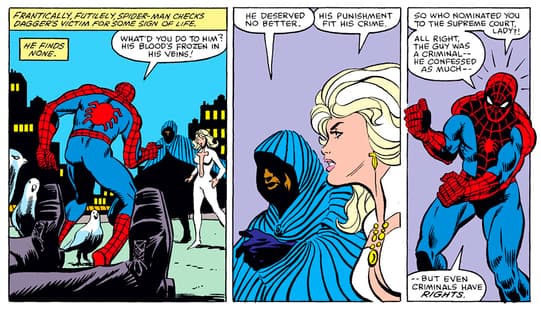 Cloak and Dagger started out as merciless vigilantes when they killed Simon Marshall despite the interference of Spider-Man (Peter Parker).