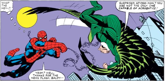 Spider-Man in pursuit of Vulture and fighting