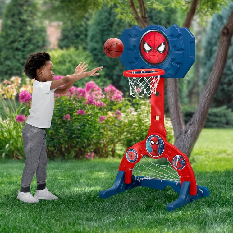 Delta Children Marvel Spider-Man 4-in-1 Sports Center – Adjustable Easy Score Basketball Hoop, Soccer/Hockey Net and Golf Game, Red/Blue