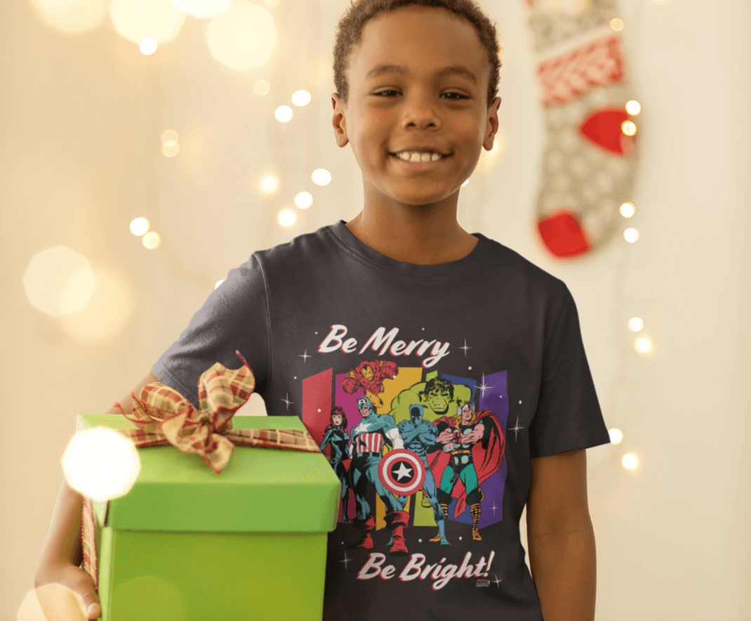 Shop it <a href=https://www.zazzle.com/classic_marvel_group_be_merry_be_bright_t_shirt-235522429444633402>here</a>