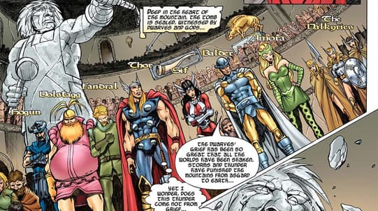 The Warriors Three with Thor, Sif, Balder, Amora and The Valkyries