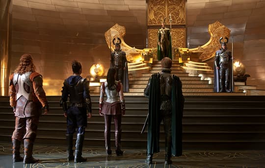 The Warriors Three and Sif approach Loki on the Throne