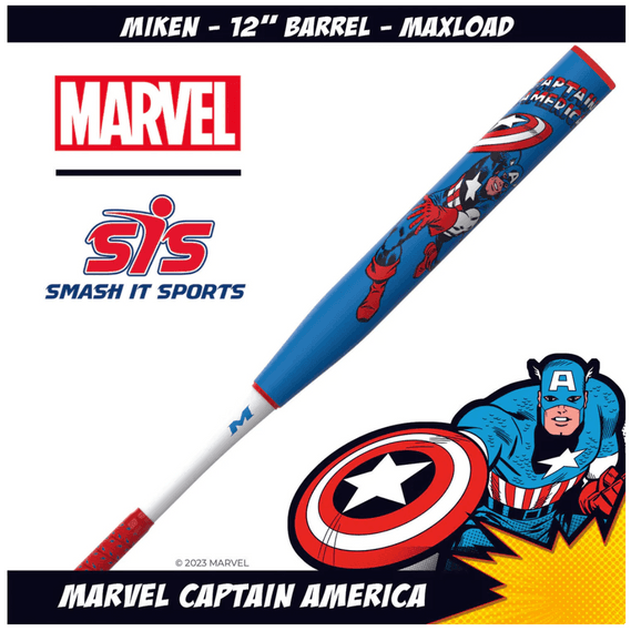 Shop it <a href=https://smashitsports.com/products/2023-miken-marvel-captain-america-12-2pc-maxload-usssa-slowpitch-softball-bat-msu3cal?_pos=2&_sid=8c28fd63b&_ss=r>here</a>