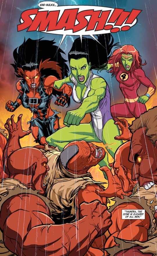 Three She-Hulks, fighting together