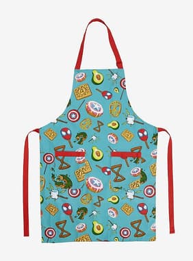 Featuring an allover superhero food pattern, 2 pockets, and contrasting red straps, this apron will be there for you when you're so hungry you could eat a planet like Galactus.