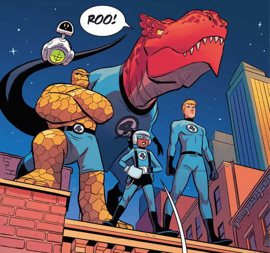 The new Fantastic Four: Lunella, Devil Dinosaur, The Thing, Human Torch