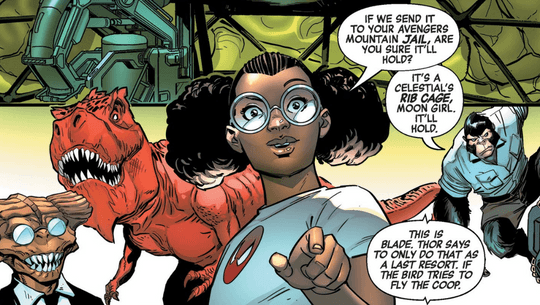 Lunella and Devil Dinosaur teaming up with Gorilla Man and Broo to save the Avengers