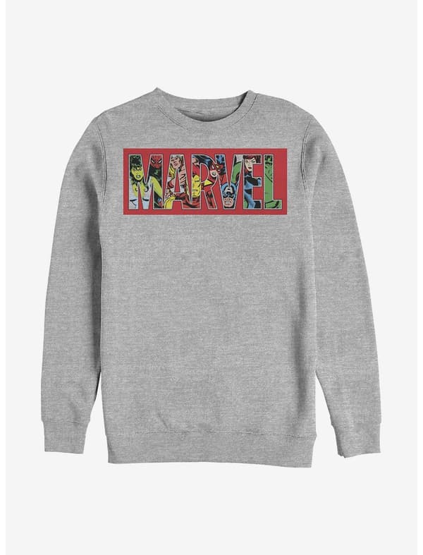 Marvel logo sweatshirt / shop it <a href=    https://www.hottopic.com/product/marvel-logo-character-fill-crew-sweatshirt/16011351.html>here</a>