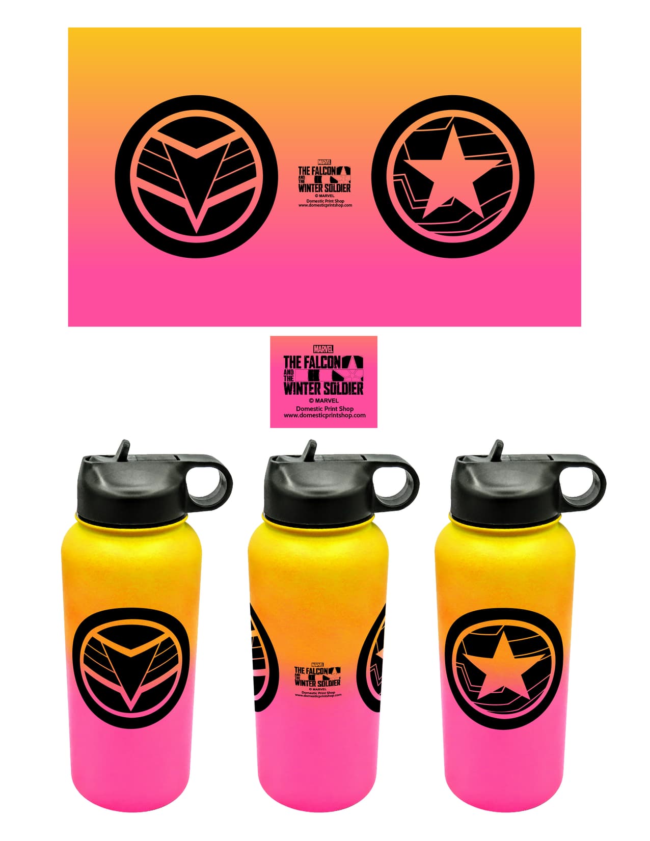 <a href=https://www.amazon.com/Marvel-Falcon-Winter-Soldier-Stainless/dp/B08Z1SJ1Q6>The Falcon and The Winter Soldier 32 oz. Ombre Stainless Steel Bottle</a> / Amazon