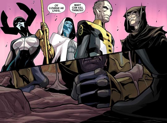 The Black Order surrounds Thanos as it is revealed that he is still alive.