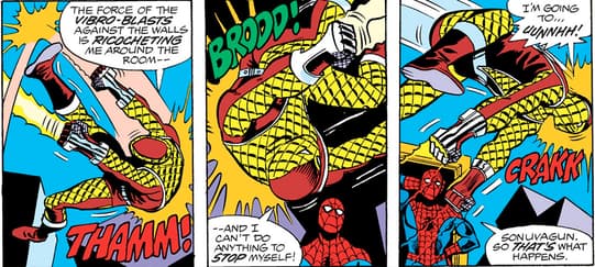 Shocker ricocheting around the room, Spider-Man stands surprised at himself
