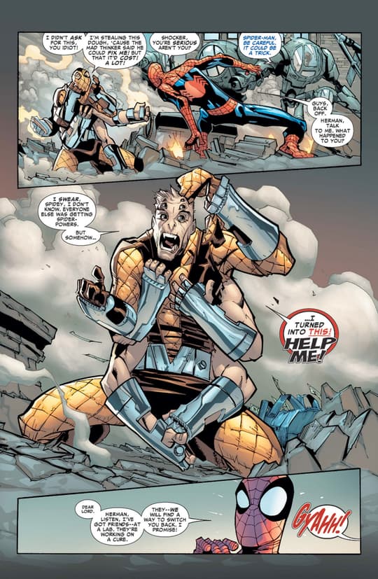 Shocker grows six arms while fighting Spider-Man and realizes that he's been infected with the spider-virus
