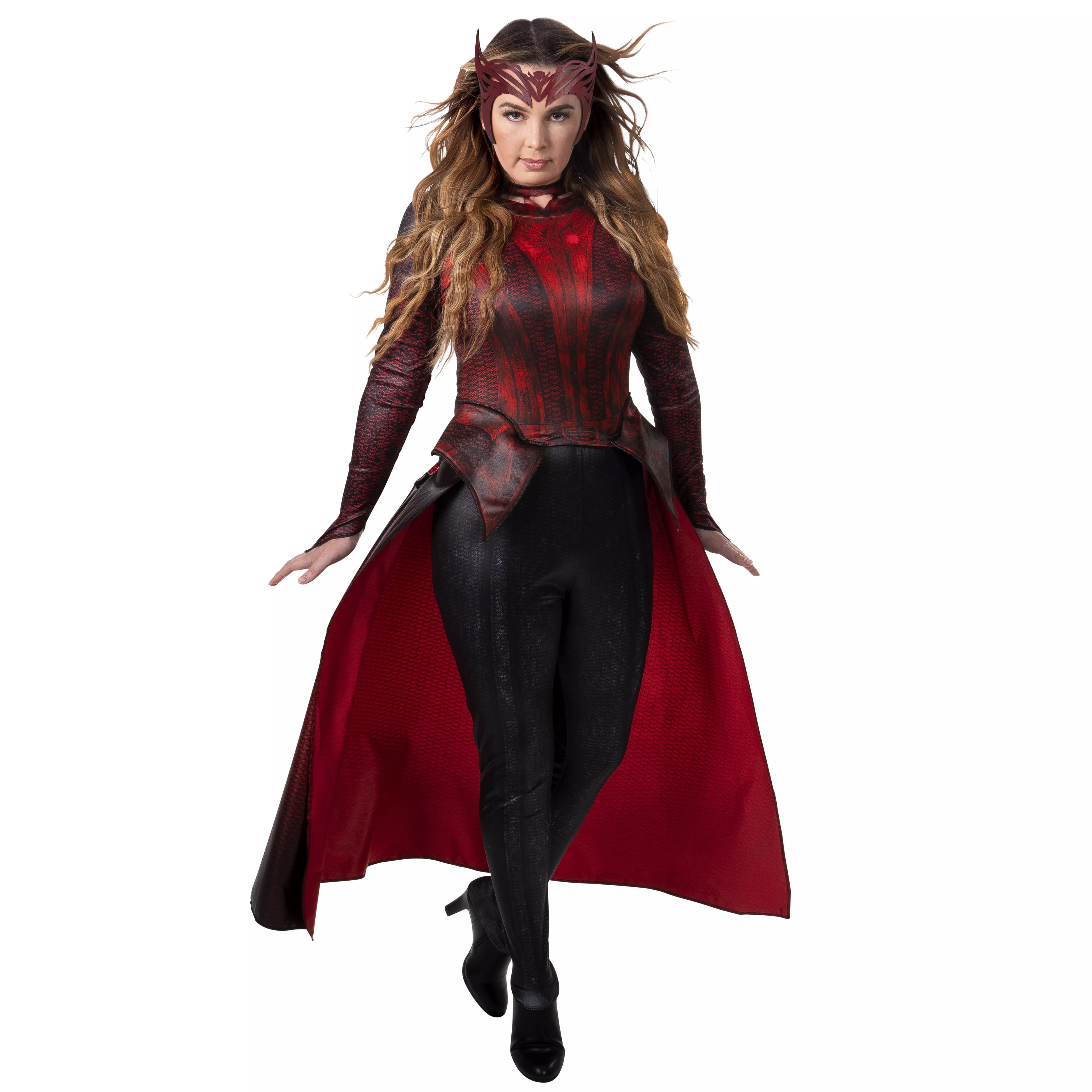 Adult Scarlet Witch costume / shop it <a href=https://www.gamestop.com/clothing/womens/costumes/products/jazwares-doctor-strange-in-the-multiverse-of-madness-scarlet-witch-adult-costume/340471.html>here</a>